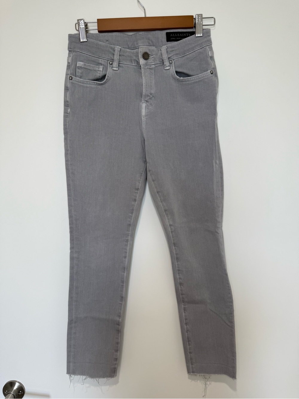 All Saints Gray Cropped Slim Jeans with Raw Hem